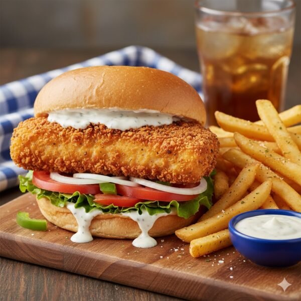 The Sizzle fish sandwich (with fries)