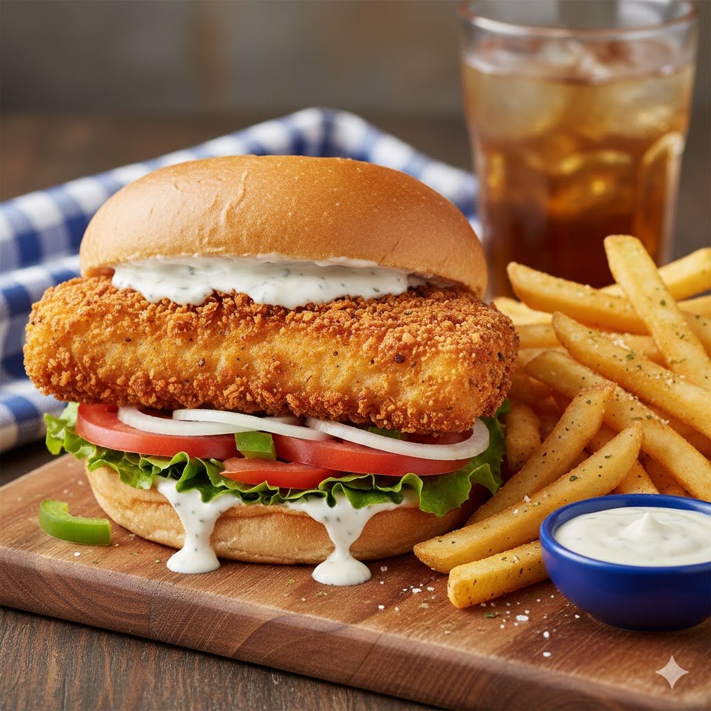 The Sizzle fish sandwich (with fries)